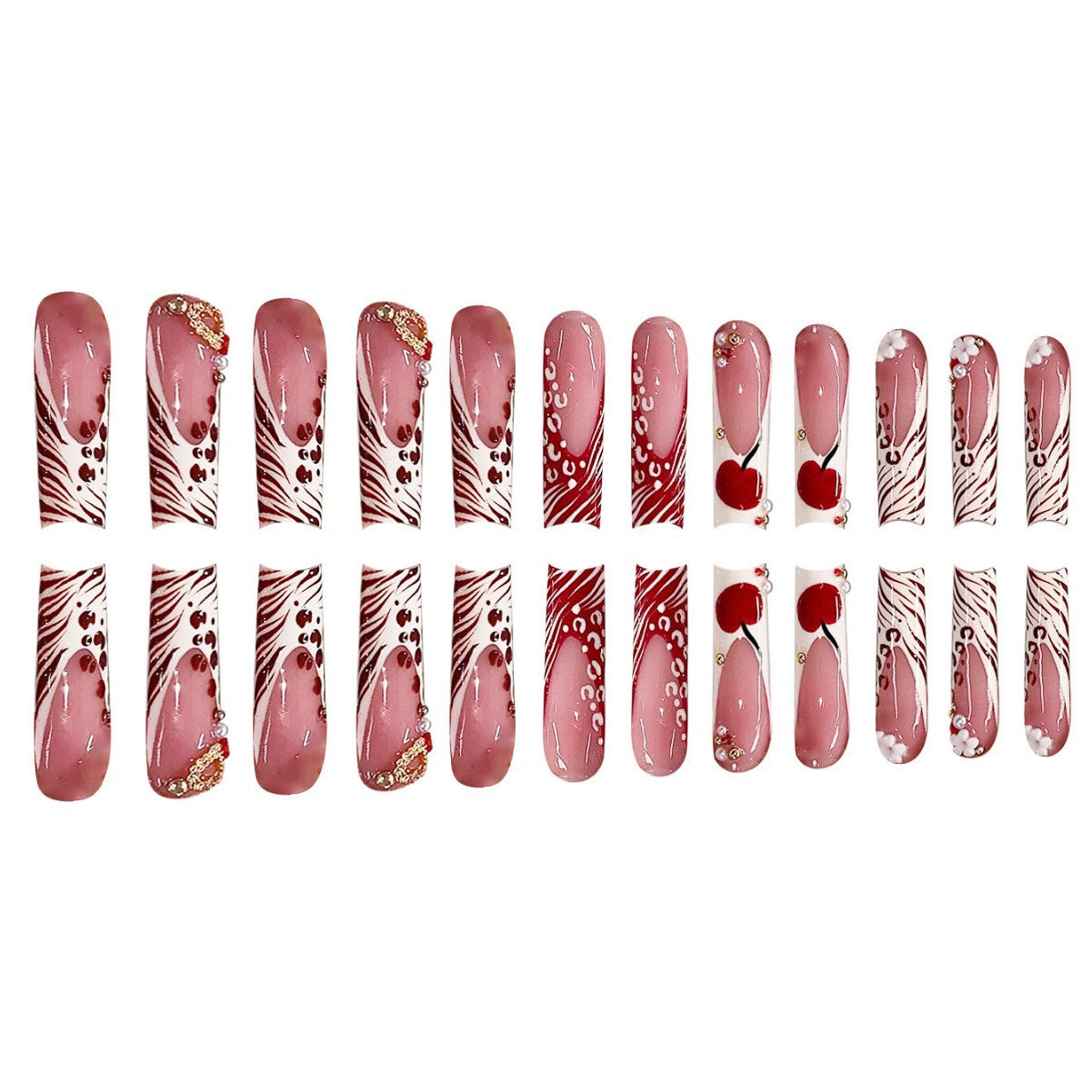 Decorative Long Press-On Nail Art with Gem Accents Acalora