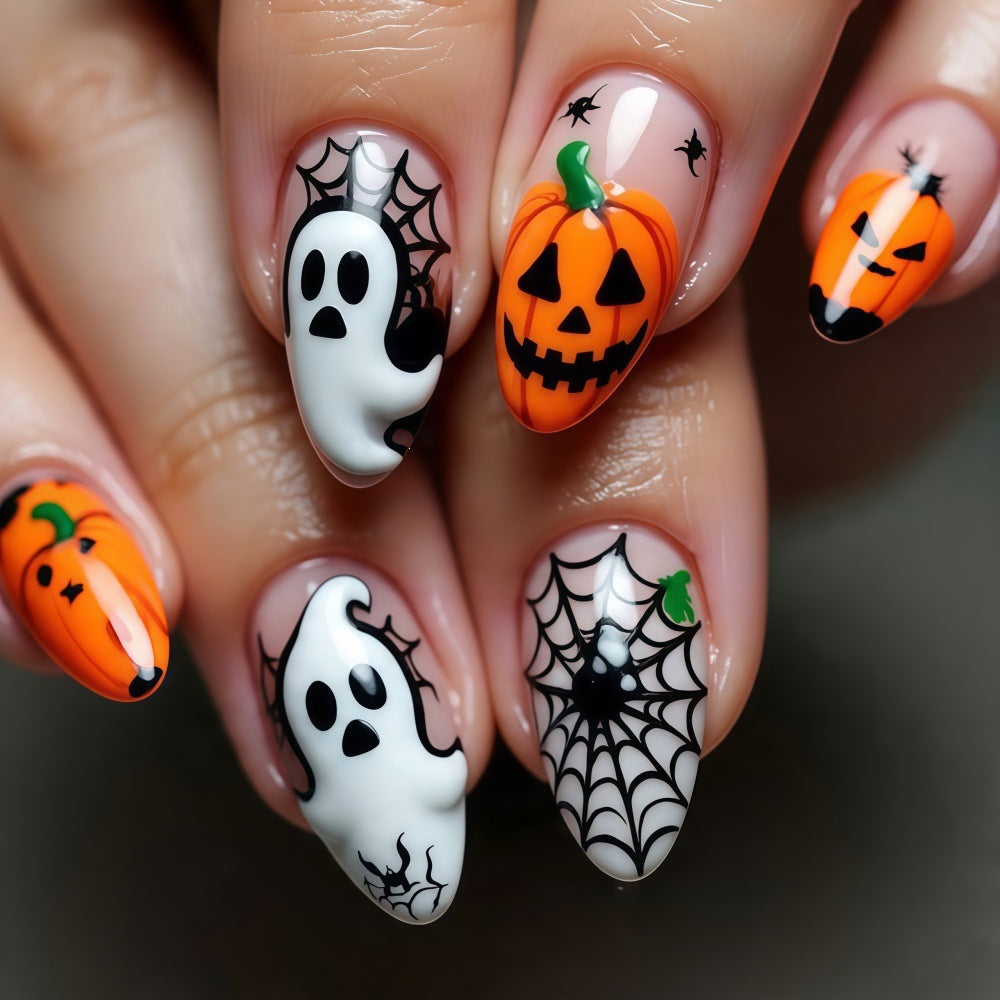 Halloween-themed artificial nails with spooky ghost and pumpkin design Acalora