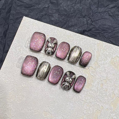 Glamorous Press-On Nail Art Set with Elegant Metallic Accents Acalora