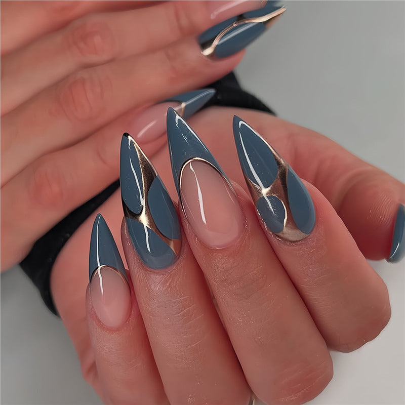 Artistic Stiletto Press-On Nail Design with Metallic Trim Acalora