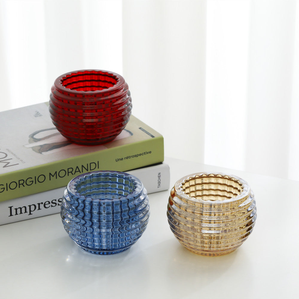 Ribbed Hand-Blown Glass Tealight Candle Holder Set Acalora