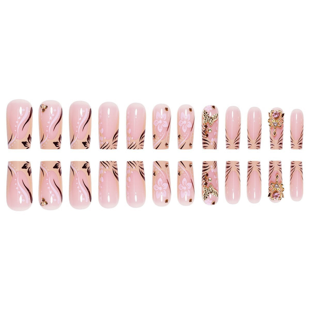 Artistic Press-On Nails with Floral and Gemstone Accents Acalora