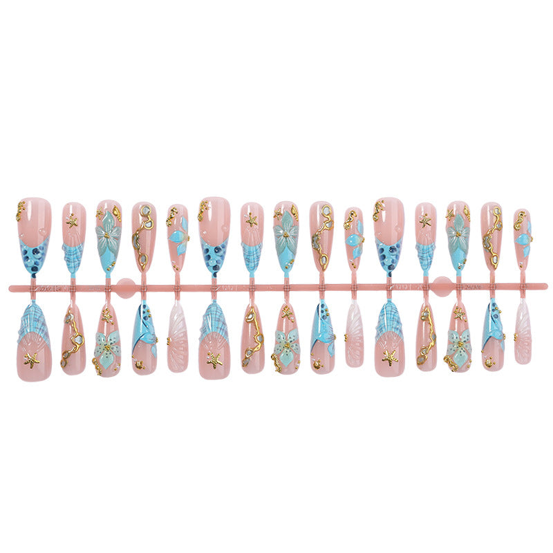 Premium Artistic Press-On Nail Set with Decorative Ocean-Inspired Designs Acalora