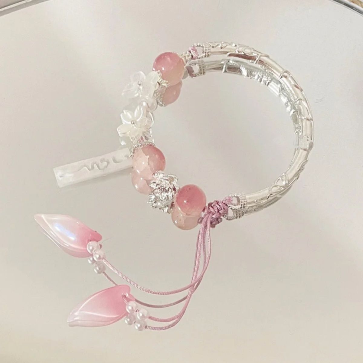 Floral Beaded Charm Bangle Bracelet Acalora