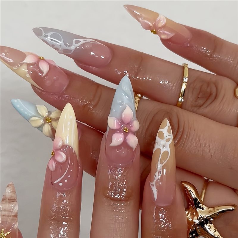 Artistic Floral Stiletto Press-On Nail Art Acalora