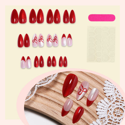 Glossy Press-On Nail Set with Elegant Ribbon Designs Acalora