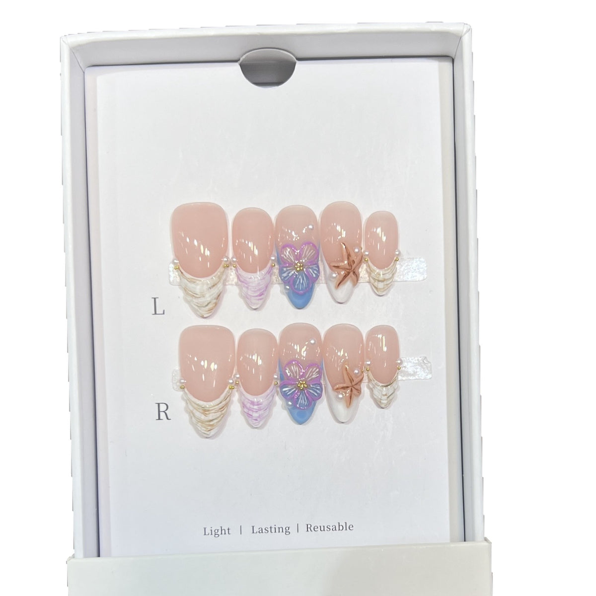 Artistic Press-On Nail Art Set with Floral and Starfish Design Acalora