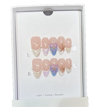 Artistic Press-On Nail Art Set with Floral and Starfish Design Acalora