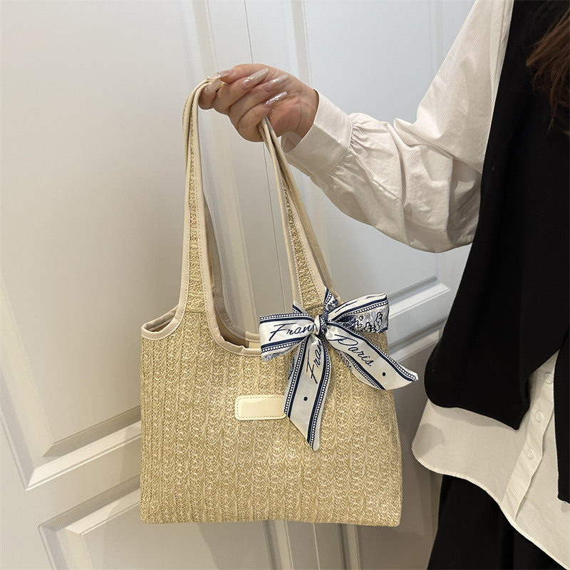 Textured Weave Tote Bag with Elegant Bow Acalora