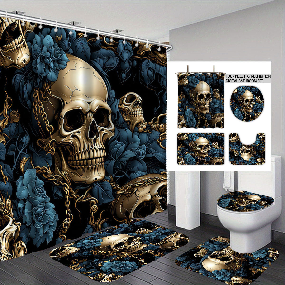 Artistic Skull and Floral Themed Bathroom Set