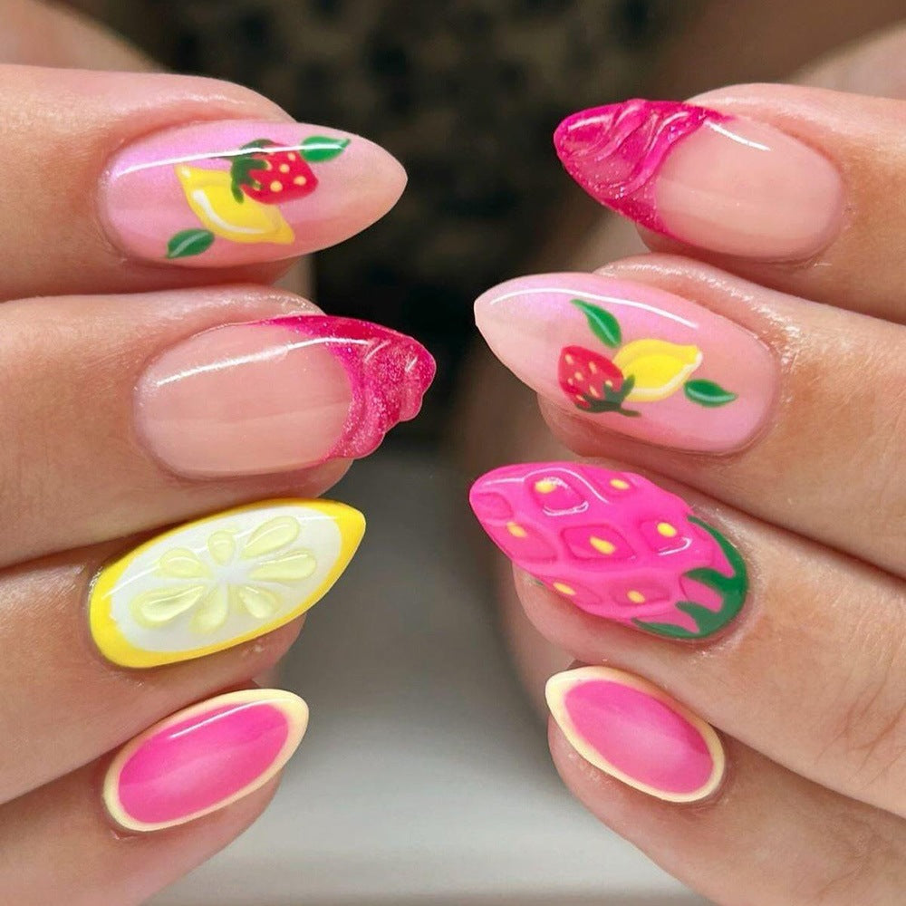 Artificial nails with fruit motif and glitter accents Acalora