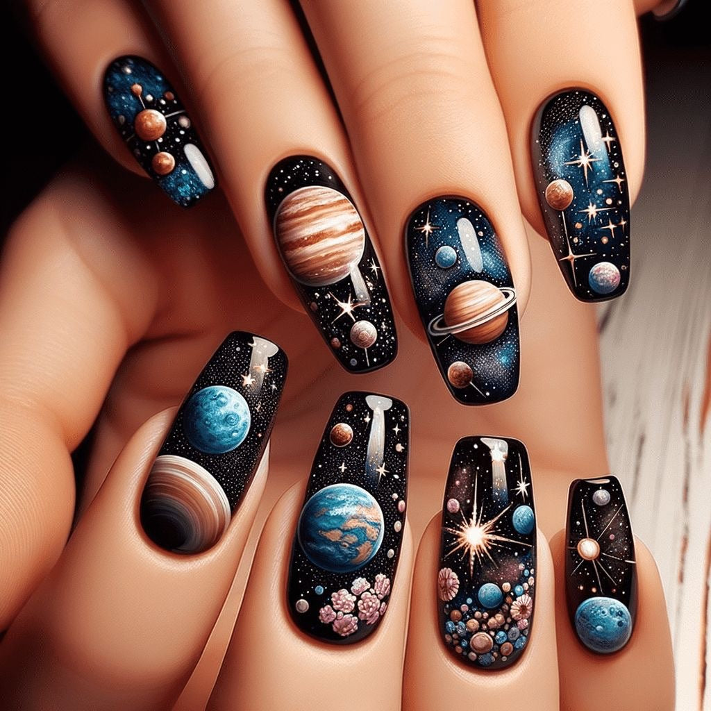 Artificial nails with galactic motifs Acalora