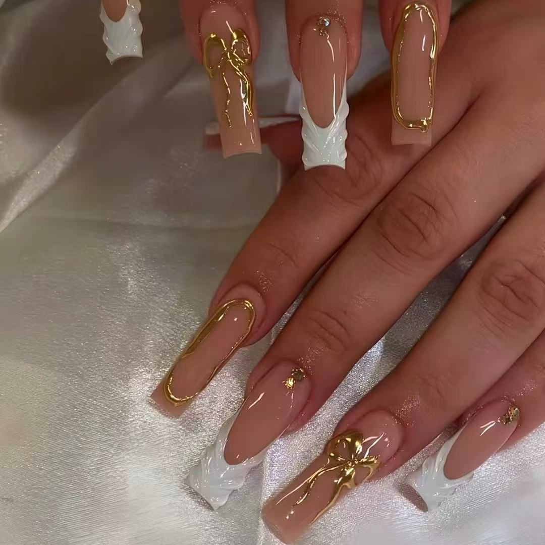 Artistic 3D Press-On Nail Set with Decorative Gold Accents Acalora