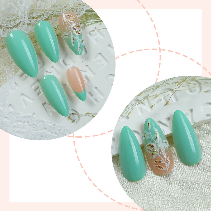 Artisan Press-On Nail Set with Elegant Leaf Patterns Acalora