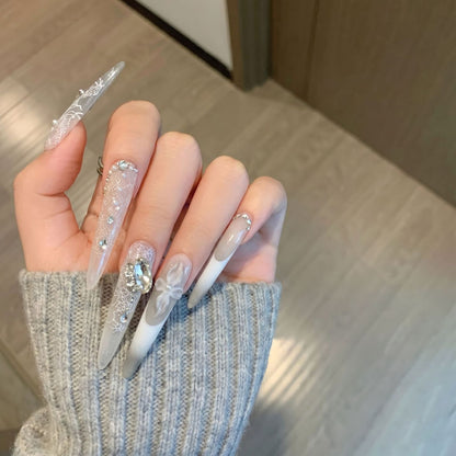 Decorative Stiletto Press-On Nail Art Set with Elegant Lace and Gemstone Accents Acalora