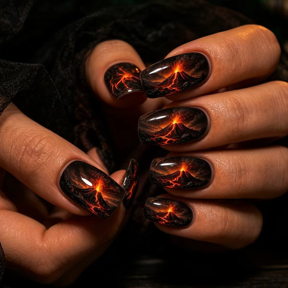 Artistic Volcano-Themed Nail Art Acalora