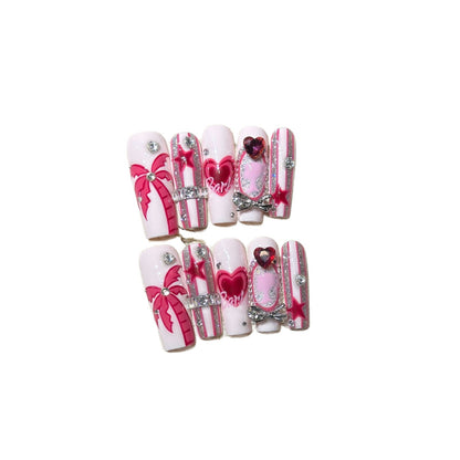 Artistic Press-On Nail Set with Playful Heart and Palm Designs Acalora