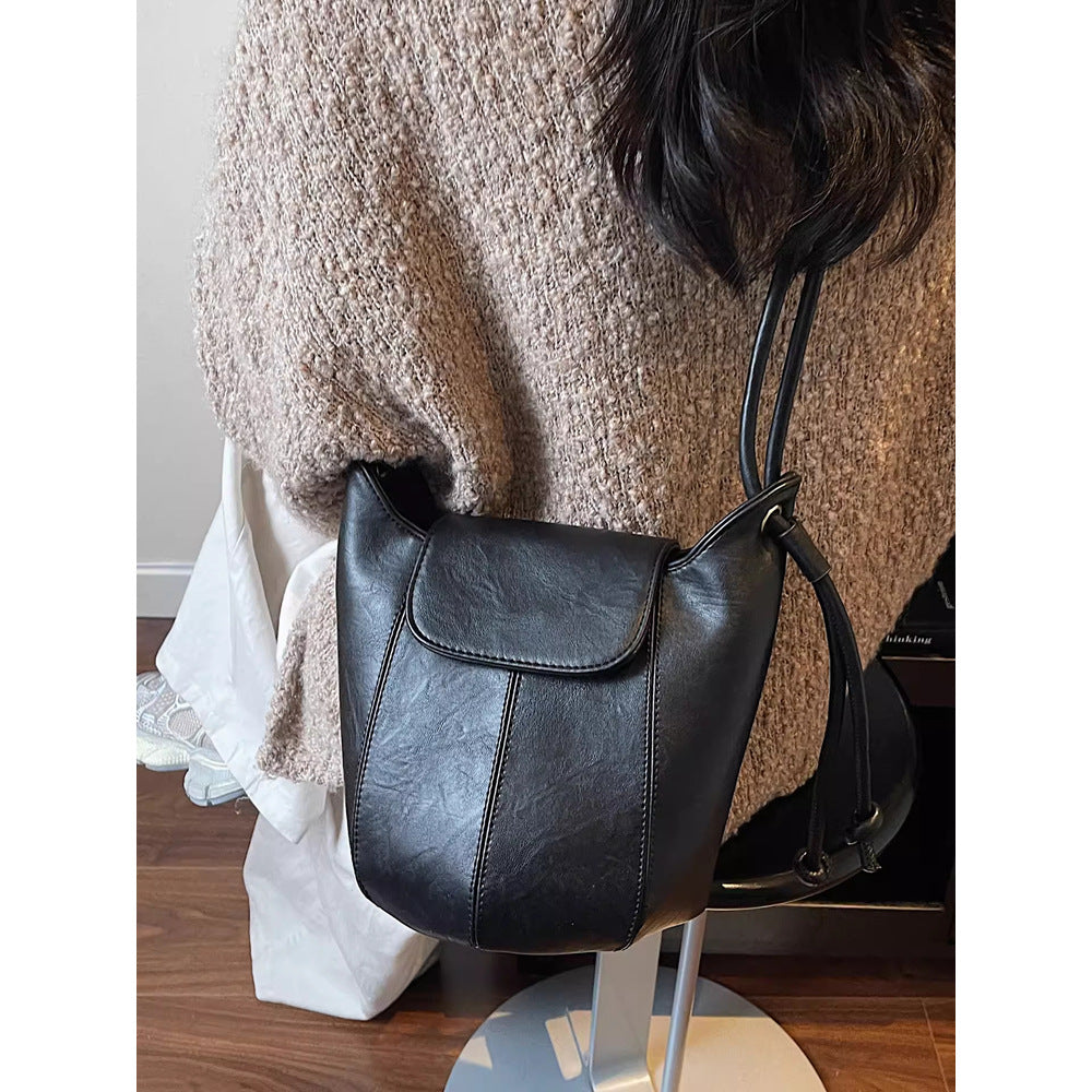 Vintage-Inspired Leather Drawstring Bucket Bag Acalora