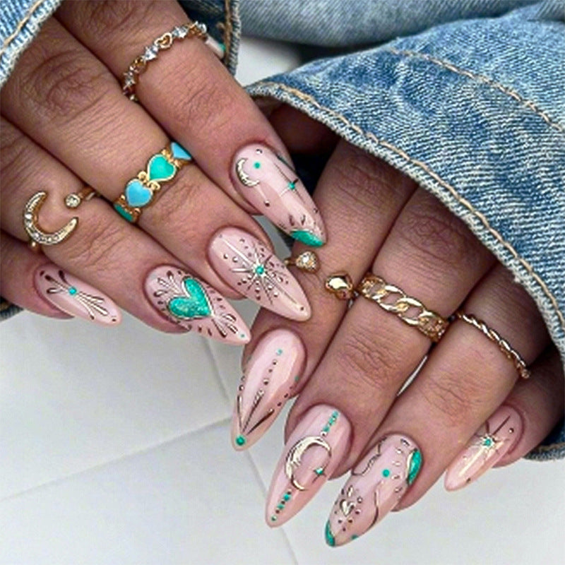 Artistic Press-On Nail Set with Stylish Floral and Gem Designs Acalora