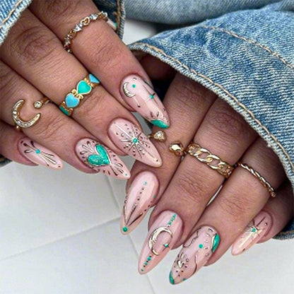 Artistic Press-On Nail Set with Stylish Floral and Gem Designs Acalora