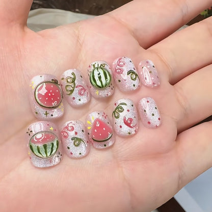 Artistic Press-On Nail Art Set with Watermelon Theme Acalora