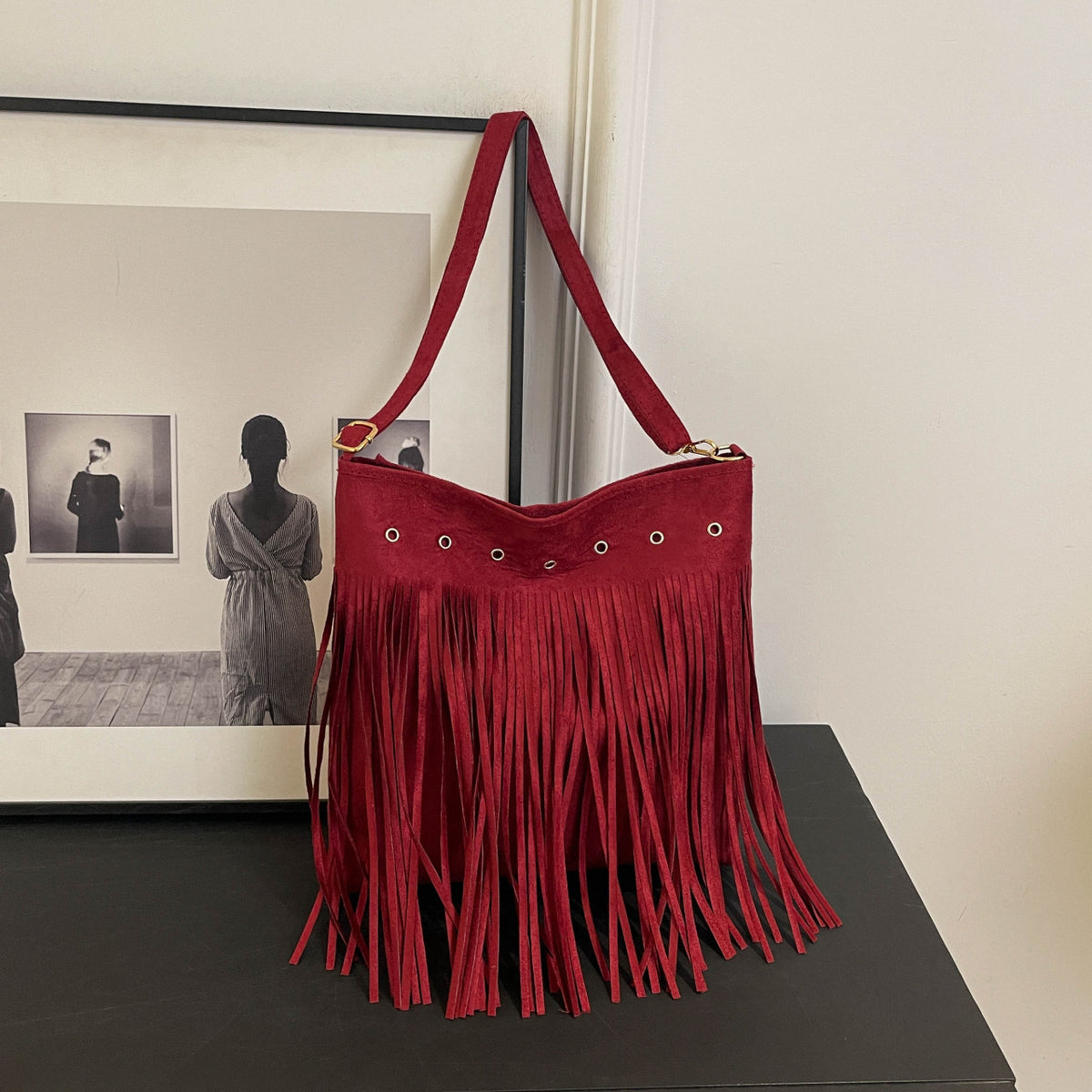 Suede Fringe Shoulder Bag Acalora