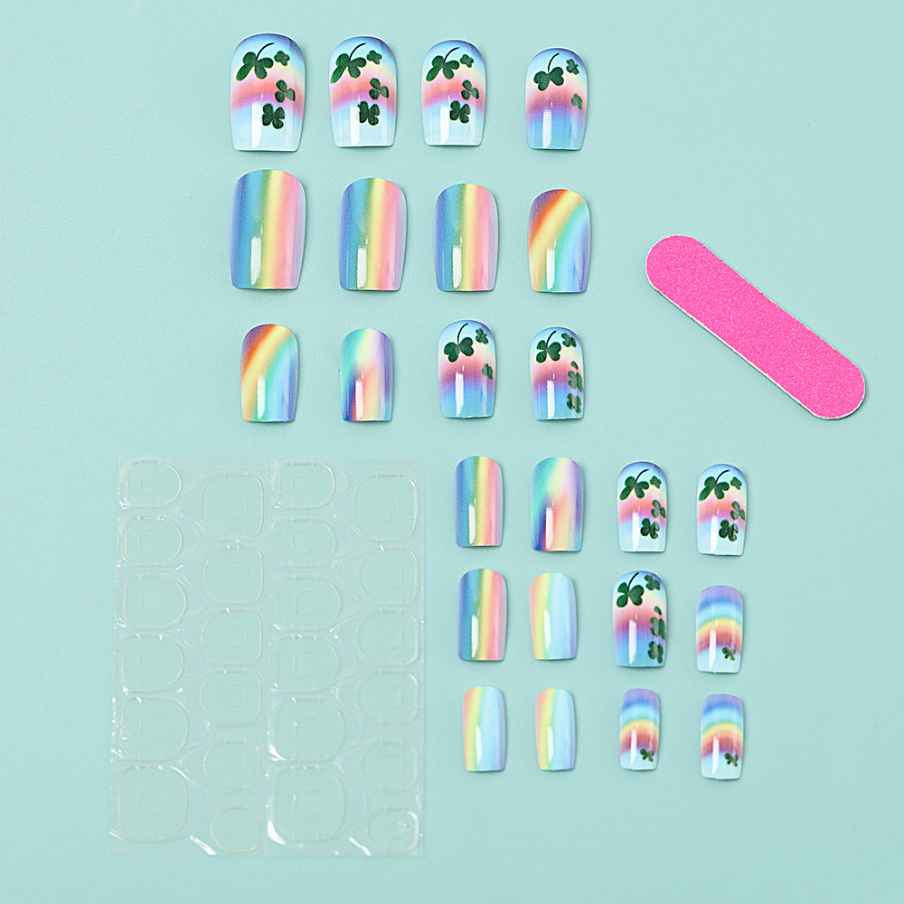 Artificial nails with colorful rainbow and clover leaf designs Acalora