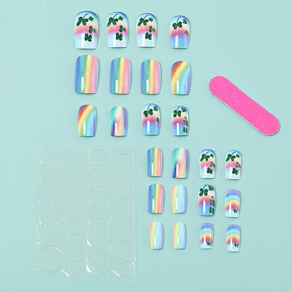 Artificial nails with colorful rainbow and clover leaf designs Acalora
