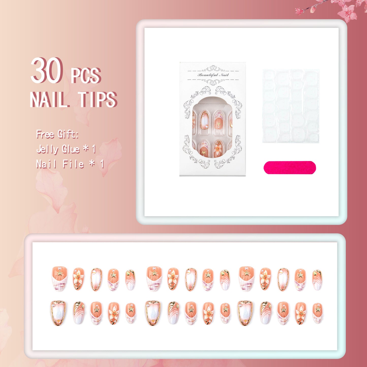 Artificial nail set with delicate flower and glitter decorations Acalora