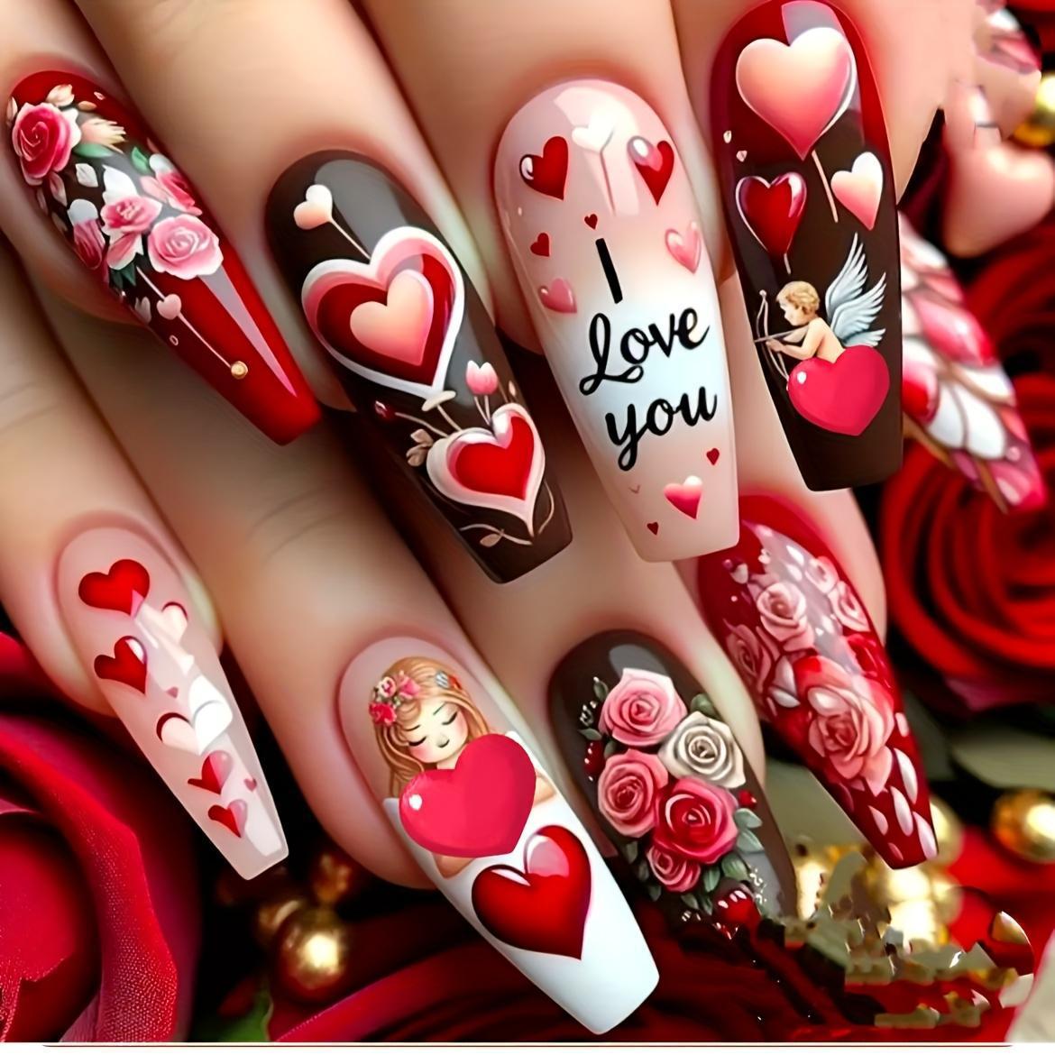 Artificial nails with loving heart and rose designs Acalora