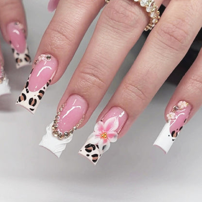 Decorative Press-On Nails Set with Artistic Leopard and Floral Accents Acalora