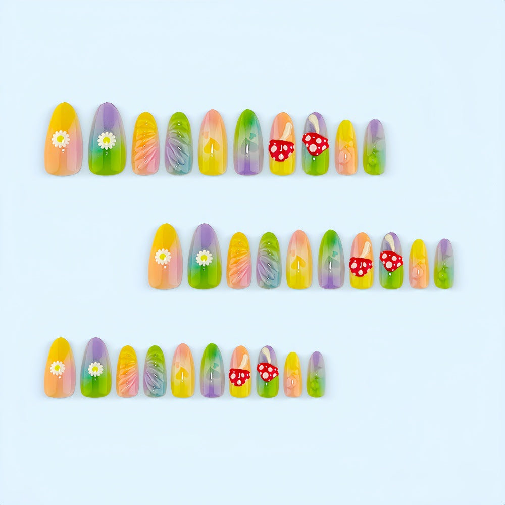 Artificial nails with cheerful flower and mushroom patterns Acalora