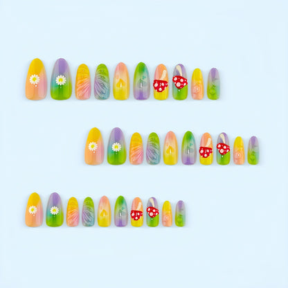 Artificial nails with cheerful flower and mushroom patterns Acalora