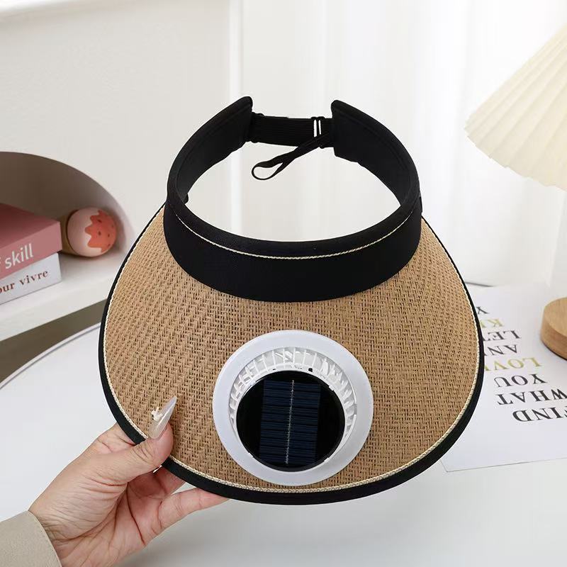 Foldable straw hat visor with integrated solar fan, adjustable neck strap, and breathable sweatband Bowlift