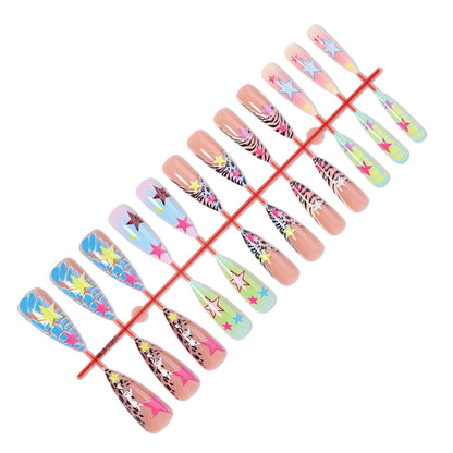 Artistic Press-On Nail Set with Colorful Star Patterns Acalora