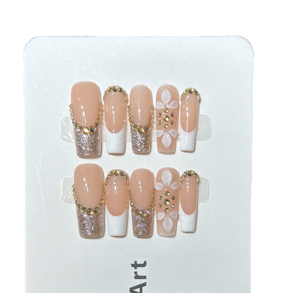 Luxurious Glittery Press-On Nail Art Set with Decorative Floral Accents Acalora