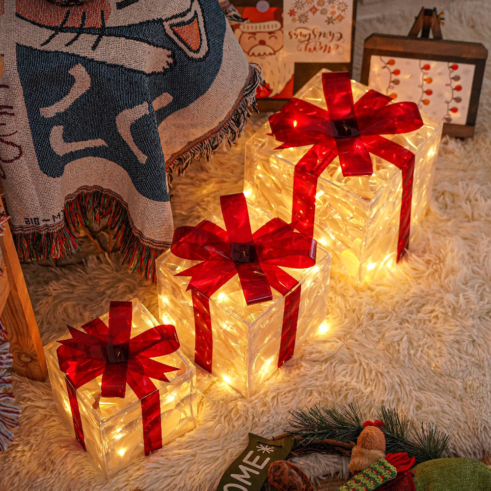 Skanto | Outdoor Christmas Lights Gift Boxes with Red Ribbon Decoration