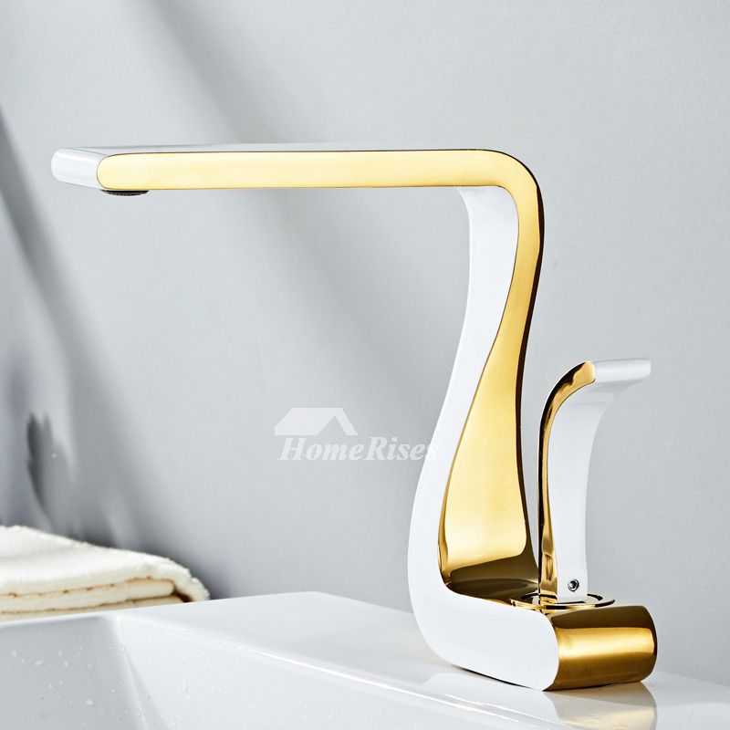 Polished Gold Bathroom Sink Faucet Single Handle Luxury Brass White Modern One Hole