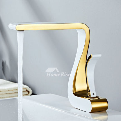 Polished Gold Bathroom Sink Faucet Single Handle Luxury Brass White Modern One Hole