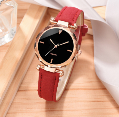 Skanto | Red Frameless Diamond Cut Bracelet Watch Genuine Leather Watch