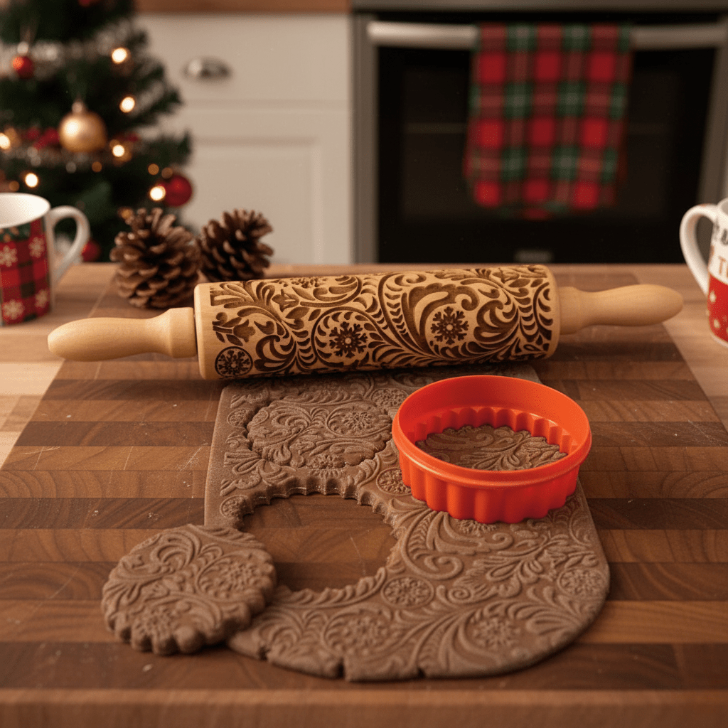 Skanto | Handmade Rolling Pin with Decorative Christmas Stamp