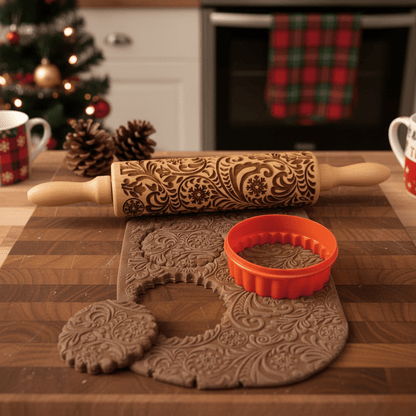 Skanto | Handmade Rolling Pin with Decorative Christmas Stamp