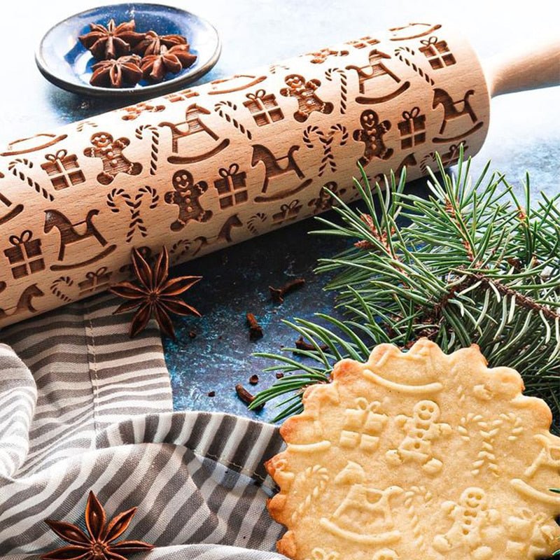 Skanto | Handmade Rolling Pin with Decorative Christmas Stamp