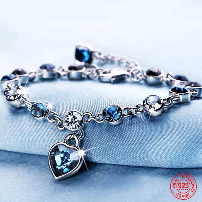 Captivating Ocean Heart Crystal Bracelet with Radiant Blue Heart Pendant