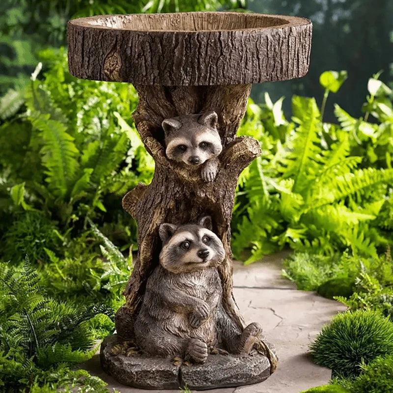 Skanto | Vintage Garden Bird Bath – Polyresin Raccoon Design for Outdoor Charm