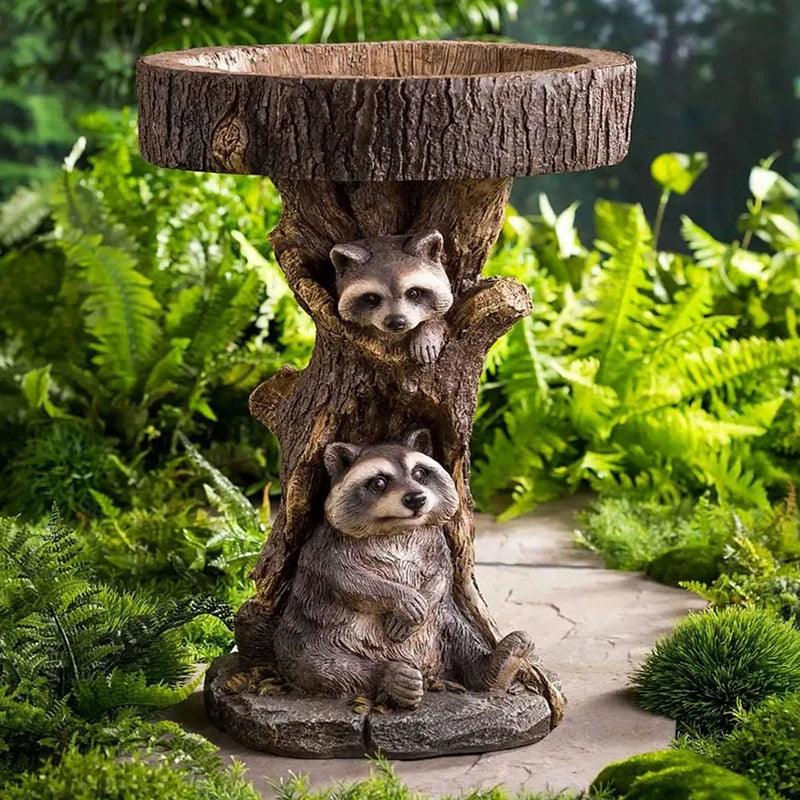 Skanto | Vintage Garden Bird Bath – Polyresin Raccoon Design for Outdoor Charm