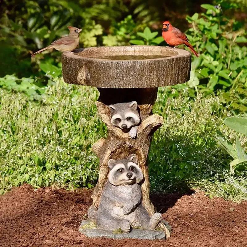 Skanto | Vintage Garden Bird Bath – Polyresin Raccoon Design for Outdoor Charm