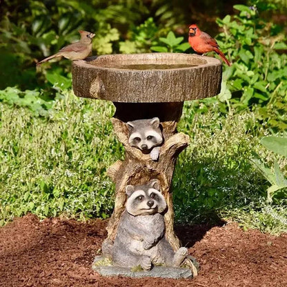 Skanto | Vintage Garden Bird Bath – Polyresin Raccoon Design for Outdoor Charm