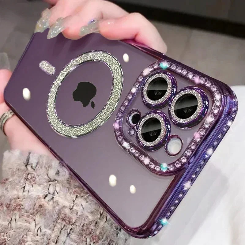 Luxury Glitter Bling MagSafe Case with Crystal Lens for iPhone 15 16 11 12 13 14 Pro Max 16 Plus Magnetic Wireless Charging Clear Case