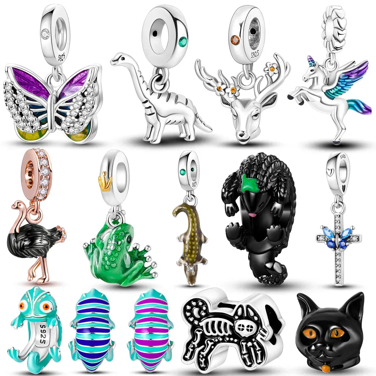 Skanto | 925 Silver Golden Leopard Charm Beads Colorful Chameleon Rhinoceros Lion Scarab Cat Pendant Compatible with Original Pandora Bracelet Jewelry